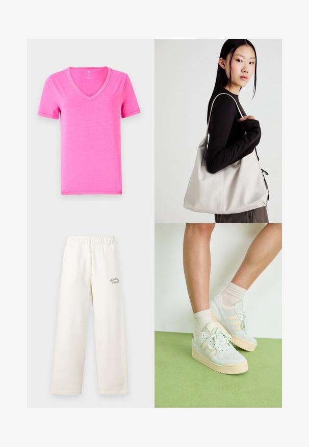 Tricou roz cu mânecă scurtă și decolteu în V, fabricat dintr-un material moale, având un croi clasic și detalii subtile de coasere pe mâneci și tiv.; Pantaloni largi de culoare crem, confecționați dintr-un material moale, cu un brâu elastic. Prezintă un text brodat subtil de culoare verde pe față.; Tenisi verzi deschis cu o suprafață texturată, având trei dungi albe, un toc din cauciuc crem și un design cu șireturi. Purtați cu șosete deschise.; Geantă bej din material moale, cu un design lejer, detalii cusute și două bretele pentru umăr. Potrivită pentru utilizarea zilnică.