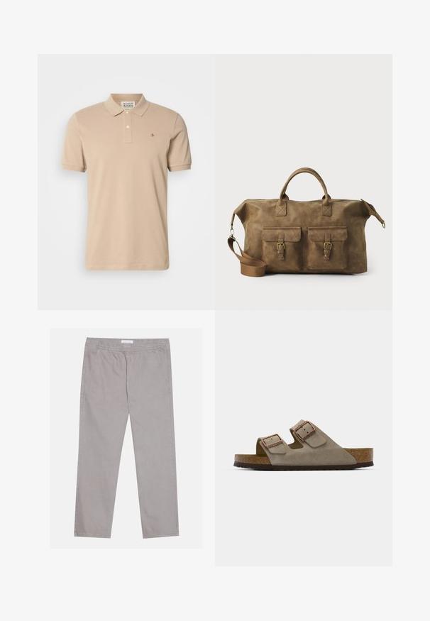 Tricou polo bej din bumbac, cu guler clasic, mâneci scurte și un mic logo brodat pe piept. Placket cu două butoane.; Pantaloni din bumbac gri deschis, cu talie elastică, două buzunare laterale, design cu picioare drepte și o textură netedă. Detalii simple de cusătură.; Sandale din suede, de culoare gri deschis, cu două catarame ajustabile, o talpă intermediară din plută și o talpă exterioară din cauciuc texturat.; Geantă de voiaj din piele maro, cu două buzunare frontale, curea de umăr ajustabilă, accesorii aurii și mânere superioare rezistente. Textură netedă.; Colier multi-stratificat cu lanțuri metalice argintii și mărgele în nuanțe de alb și marron, evidențiind texturi și forme variate.