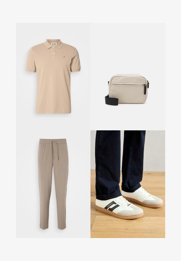 Bež polo särk, mis on valmistatud puuvillast, klassikalise kraega, lühikeste varrukatega ja väikese kirjaõmblusega logo rinnal. Kahe nupuga kaelaehe.; Heledad beezised püksid elastse vöökohtaga, reguleeritava paelaga ja kitsenevad sääred. Kanga pind näib sile ja kerge sära.; Valged ja hallid tossud mustade triipudega, valmistatud nahast, kummist tallaga ja lameed näpudega. Kanda tumesiniste pükstega puidust põrandal.; Kreemivärvi corduroy ristseljakott musta tõmbluku, eemaldatava rihma ja tekstuurse mustriga. Omab ühte põhikomplekti ja esikotti.