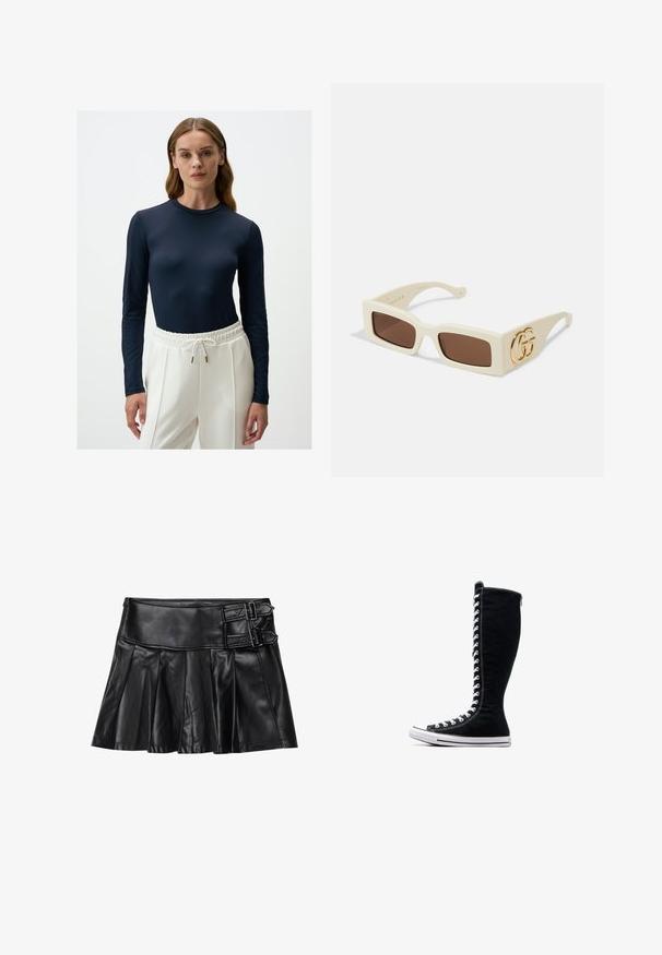 Granatowa bluzka z długim rękawem, wykonana z gładkiego materiału, z dopasowanym krojem i wzorzystymi akcentami z siateczki na rękawach, w połączeniu z białymi spodniami z elastycznym pasem.; Czarna skórzana spódnica z plisami, szerokim pasem i dwoma detalami w postaci klamer z boku. Gładka faktura o błyszczącym wykończeniu.; Czarne wysokie trampki o wysokim designie, wykonane z płótna. Posiadają białe sznurowadła, przeszycia oraz gumową podeszwę z osłoną na palce.; Białe prostokątne okulary przeciwsłoneczne z brązowymi soczewkami. Posiadają wyraźne złote logo GG na boku. Wykonane z usztywnionego materiału plastikowego.; Nilonowa, pikowana, biała torebka wykonana z tworzywa sztucznego, z złotym łańcuchem jako uchwytem oraz z logo, o zaokrąglonym kształcie i teksturowanej powierzchni.