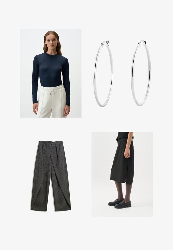 Granatowa bluzka z długim rękawem, wykonana z gładkiego materiału, z dopasowanym krojem i wzorzystymi akcentami z siateczki na rękawach, w połączeniu z białymi spodniami z elastycznym pasem.; Szare spodnie w prążki o luźnym kroju, z pojedynczym zapięciem na guzik, plisami i szerokimi nogawkami.; Czarna spódnica do kolan z bocznym rozcięciem, połączona z czarnymi mokasynami i przezroczystymi brązowymi rajstopami, charakteryzująca się gładkim materiałem i prostym wzorem.; Srebrne kolczyki w formie obręczy z gładką, polerowaną powierzchnią i cienkim, okrągłym kształtem. Wzór posiada pewne zapięcie.