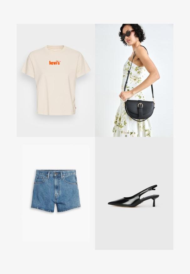 Levi's® GRAPHIC CLASSIC TEE - Apdrukāts T-krekls - chenille angora; Gaiši zili džinsu šorti, kas aprīkoti ar piecām kabatām, rāvējslēdzēja aizdari un pogu aizdari. Apakšmala ir saplēsta, un izskats ir brīvs.; Melnas lakotu ādas kurpes ar atvērtu papēdi, ar smailu purngali, plānu papēdi un regulējamu sprādzi. Gluda tekstūra ar minimālu apdari.; Melnas ādas rokassoma ar izliekta formu, noņemamu siksnu un zelta aksesuāriem. Somai ir vāciņš ar sprādzes detaļu.