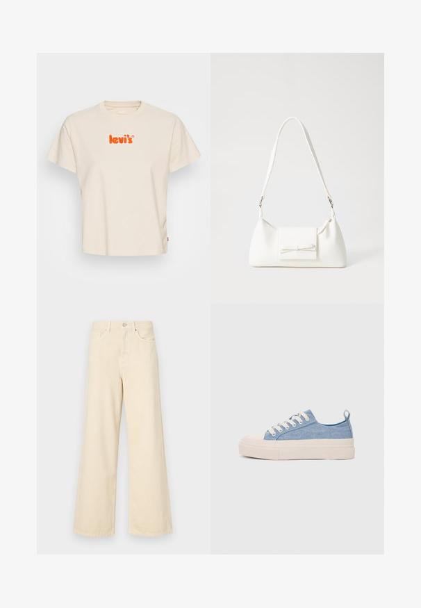 Levi's® GRAPHIC CLASSIC TEE - Potiskana majica - chenille angora; Bež jeans širokega kroja iz bombaža. Imajo gumbno zapiranje, zanke za pas in sprednje žepe ter gladko, mehko teksturo.; Svetlo modri platneni športni copati z kremnim gumijastim zaščitnikom na prstih in podplatom, z belimi vezalkami in zanko na peti.; Bela sintetična torbica v obliki trikotnika, z ravnim sprednjim poklopcem in detajlom mašne, nastavljivim trakom, gladko teksturo in minimalističnim dizajnom.