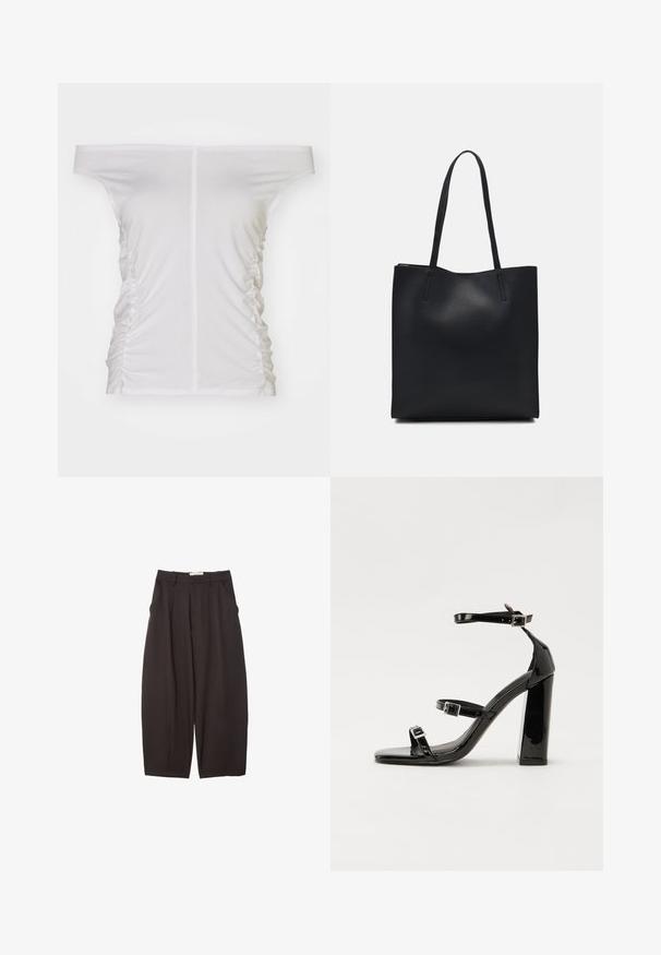 White off-the-shoulder top, gathered side detailing, soft fabric, fitted design, and a straight neckline.; Black wide-leg trousers made from a smooth fabric, featuring a high waist, front pleats, and side pockets. Simple design without embellishments.; Black patent heeled sandals with a square toe, ankle straps, and silver buckles. Features a chunky block heel for stability.; Black leather tote bag with smooth texture, rectangular shape, and two long handles. No visible hardware or embellishments.