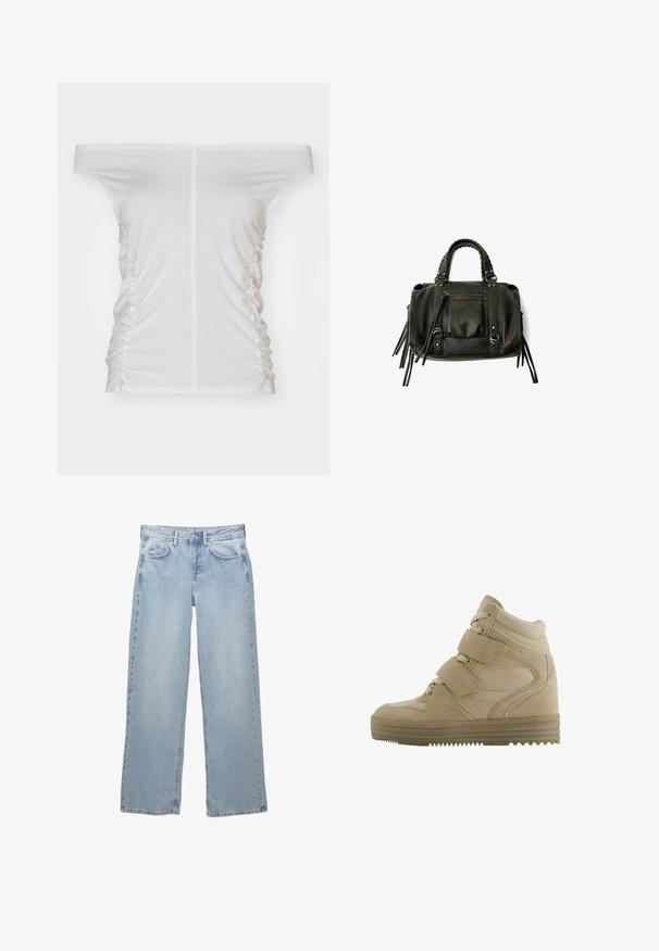 Top alb, cu umerii goi, detalii laterale gathered, material moale, design ajustat și decolteu drept.; Blugi din denim de culoare albastru deschis, cu un design cu picioare largi, având o închidere cu nasture și fermoar, cinci buzunare și detalii minime de cusătură.; Pantofi sport înalți bej cu un design din suede și plasă, curele Velcro ajustabile și o talpă groasă din cauciuc cu un model în zigzag.; Geantă din piele neagră, cu mânere împletite, buzunar cu fermoar și ciucuri suspendați. Suprafață texturată cu capse metalice și accente din metal.