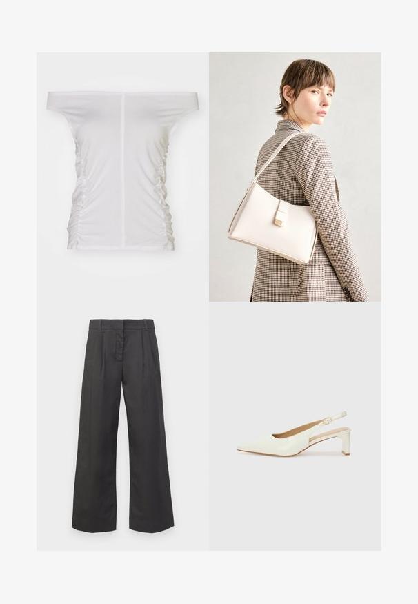 Valge õlavarrelt avatud pluus, kogutud külje detailid, pehme kangas, keha lähedal disain ja sirge kaelus.; Mustad jalad mustast kangast, millel on kõrge vöökoht, ees olevad voltid ja diskreetsed taskud. Sile tekstuur puhta viimistlusega.; Valge patentnahast slingback king, millel on terav varvas ja madal plokkkonts. Omab peent rihma koos kuldse detailiga. ; Valge nahast käekott struktureeritud disainiga, millel on magnetlukk ja õlavarre rihm, esitletud neutraalse tausta ees.