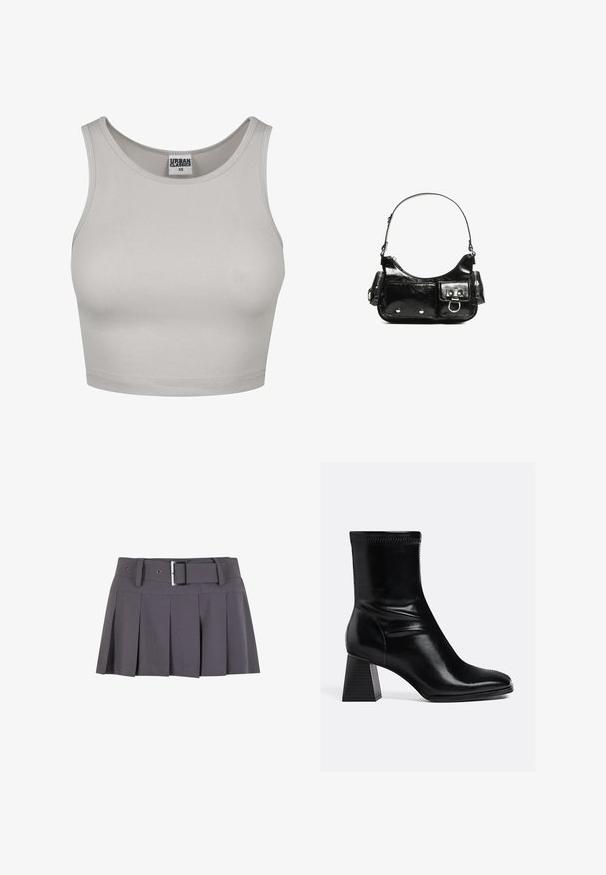 Light gray ribbed crop top with a round neckline and wide straps, made of stretchy material. Features an Urban Classics label in the center.; Gray pleated mini skirt with a smooth texture, featuring a wide waistband, belt loops, and a rectangular silver buckle detail.; Black leather ankle boots with a smooth finish, square toe, and a textured block heel. Features elasticated ankle design and visible stitching.; Black patent leather handbag with a curved shape, one shoulder strap, front pockets, and silver-tone hardware accents.