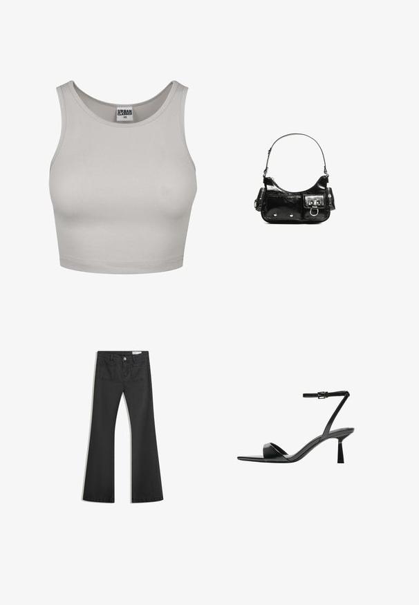 Svijetlosivi rebrasti kratki top s okruglim izrezom i širokim naramenicama, napravljen od rastezljivog materijala. Ima Urban Classics oznaku u središtu.; Crne široke traperice od denima s glatkom teksturom, s dva stražnja džepa i kopčanjem na dugme u struku.; Bershka Sandale s visokom petom - black; Crna patentna kožna torba s zakrivljenim oblikom, jednim remenom za rame, prednjim džepovima i akcentima od srebrnog tona.