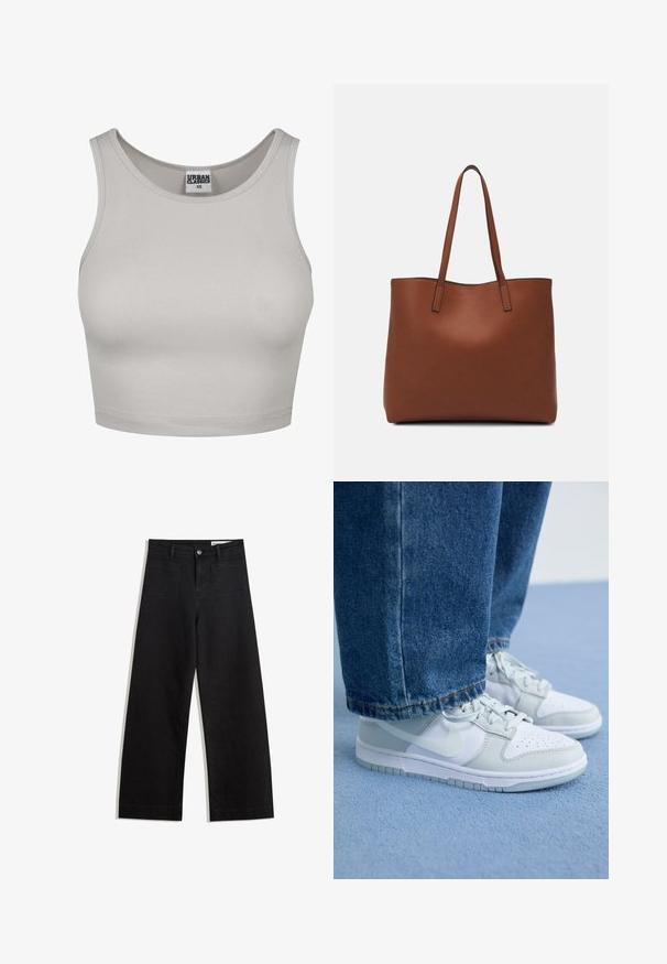 Lichtgrijze geribbelde crop top met een ronde halslijn en brede bandjes, gemaakt van rekbaar materiaal. Heeft een Urban Classics-label in het midden.; Zwarte denim broek met wijde pijpen en een hoge taille, voorzien van voor- en achterzakken, gestikte naden en een knoopsluiting. Gladde textuur.; Nike sneakers in wit en lichtgrijs leer met geperforeerde neus, platte veters en een rubberen zool, gedragen met blauwe denim jeans.; Bruine leren tote bag met een gladde textuur, een ontwerp met een open bovenkant en twee schouderbanden. Kenmerkt zich door minimale stiksels en geen zichtbare hardware.