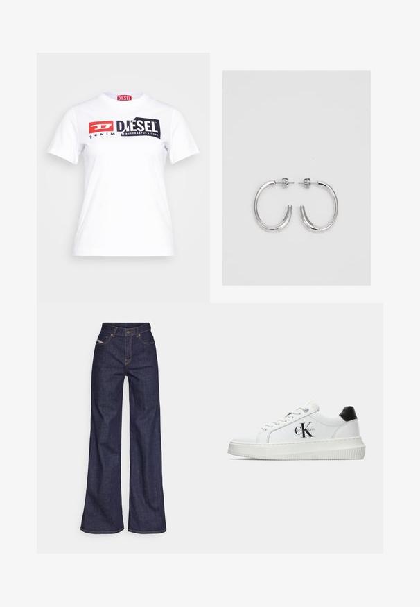 Tricou din bumbac alb cu guler rotund, având brandul Diesel evidențiat în negru și roșu și textul "DENIM" într-un stil contrastant. Mâneci scurte.; Blugi taille mare, de culoare albastru închis, din material denim, cu croială largă, cu cusături portocalii, design cu cinci buzunare și închidere cu nasture.; Adidași albi cu glezna joasă, cu tab-ul de călcâi negru, talpă platformă, șireturi și logo-ul "CK" de la Calvin Klein pe lateral.; Cercei creole din argint cu suprafață netedă și lucioasă, având o formă curbată și închidere cu tija. Design minimalist cu un finisaj modern.
