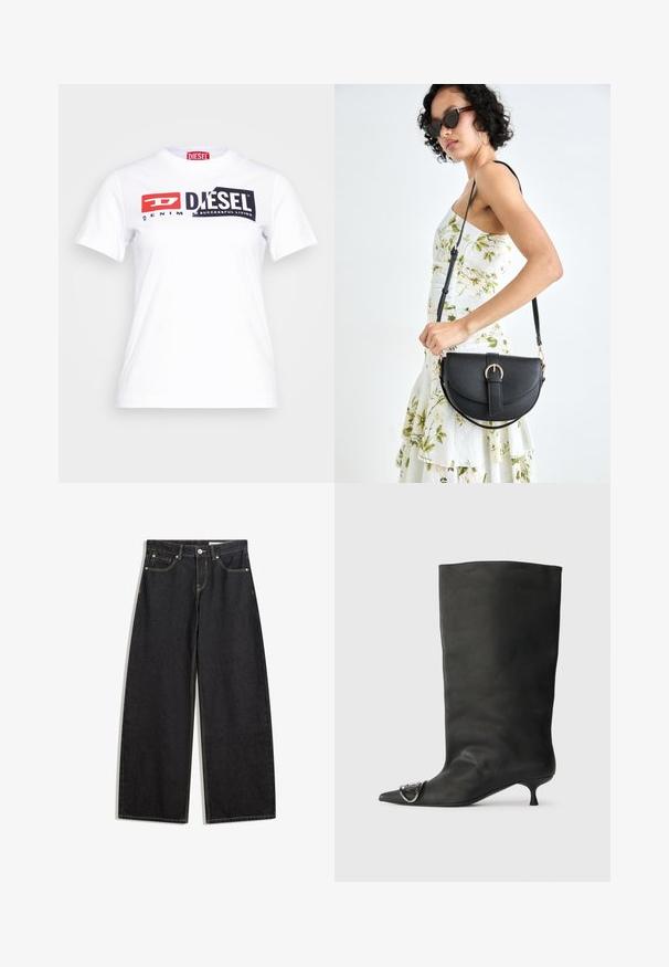 White cotton t-shirt with a crew neck, featuring bold black and red Diesel branding and "DENIM" text in a contrasting style. Short sleeves.; Black wide-leg denim jeans with a high waist, five pockets, contrast stitching, and a button closure. Smooth texture with a classic cut.; Black leather ankle boot with a pointed toe, small heel, and metallic accent detail on the toe. Smooth, matte texture throughout.; Black leather handbag with a curved shape, detachable strap, and gold hardware. The bag features a flap with a buckle detail.