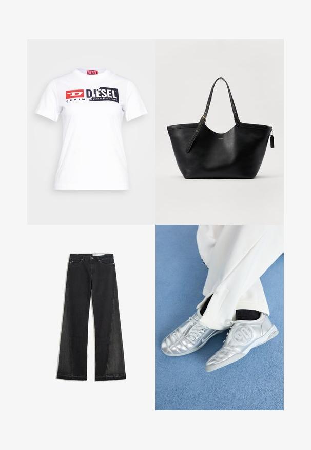 Fehér pamut póló kerek nyakkal, merész fekete és piros Diesel logóval, valamint ellentétes stílusú "DENIM" felirattal. Rövid ujjú.; Fekete denim széles lábú farmer, bolyhos szegéllyel. Kontrasztos oldalsó panelek és standard öt zsebes kialakítás jellemzi. Gombos és cipzáras záródás.; Ezüst sportcipők sima, fényes felülettel, varrott mintázattal és a 90-es számmal az oldalán, fehér nadrággal párosítva.; Fekete bőr tote táska, amely strukturált formájú, két fogantyúval és aranyszínű kiegészítőkkel. Simaságot adó textúrával rendelkezik, és egy dekoratív címke díszíti.