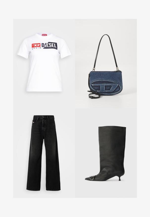 Biała bawełniana koszulka z okrągłym dekoltem, z wyraźnym czarnym i czerwonym logo Diesel oraz napisem "DENIM" w kontrastowym stylu. Krótkie rękawy.; Szerokie czarne dżinsy z wysokim stanem, z zapięciem na guzik, przednimi kieszeniami i wyblakłą teksturą.; Czarne skórzane botki za kostkę z szpiczastym noskiem, małym obcasem i metalicznym akcentem na nosku. Gładka, matowa faktura na całej powierzchni.; Denimowa torba na ramię z czarnym skórzanym paskiem, owalnym logo na froncie i zamknięciem na zamek u góry. Teksturowane wykończenie.