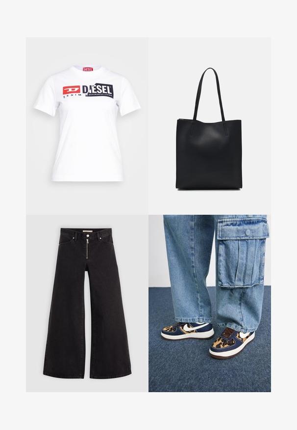 T-shirt branca de algodão com decote redondo, apresentando uma ousada marcação em preto e vermelho da Diesel e o texto "DENIM" em um estilo contrastante. Mangas curtas.; Calças de ganga de perna larga em denim preto com fecho éclair à frente, design de cinco bolsos e detalhes de costura subtil. Textura suave e estilo casual.; Sapatilhas azul-marinho com detalhes em padrão de leopardo, swoosh branco da Nike, atacadores castanhos e sola intermédia branca. Combinadas com calças cargo de denim claro.; Bolsa tote preta em couro com textura lisa, forma retangular e duas alças longas. Sem hardware ou enfeites visíveis.