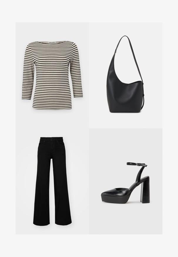 Svart och krämrandig, långärmad topp med båtringning. Tyget har en mjuk yta och en enhetlig mönstring. Avslappnad design med en lös passform.; Svarta vida byxor i denim, med en strukturerad midja, bältesöglor och framfickor. Slät textur med en klassisk design.; Svarta plattformsskor med spetsig tå och justerbart vristband. Tillverkade av mjukt läder, med en kraftig blockklack.; Svart läder hobo-väska med en slät textur, kurvig form och en justerbar axelrem; har en bred öppning upptill.