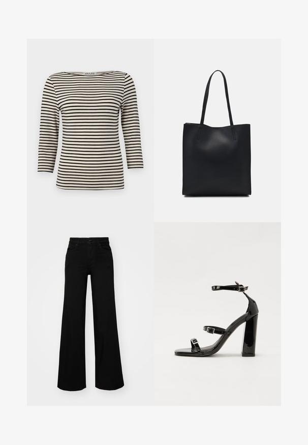 Black and cream striped, long-sleeve top with a boat neckline. Fabric has a smooth texture and uniform pattern. Casual design with a relaxed fit.; Black wide-leg pants made of denim, featuring a structured waistband, belt loops, and front pockets. Smooth texture with a classic design.; Black patent heeled sandals with a square toe, ankle straps, and silver buckles. Features a chunky block heel for stability.; Black leather tote bag with smooth texture, rectangular shape, and two long handles. No visible hardware or embellishments.