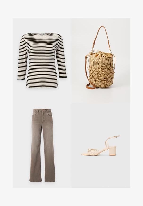 Black and cream striped, long-sleeve top with a boat neckline. Fabric has a smooth texture and uniform pattern. Casual design with a relaxed fit.; Brown high-waist straight-leg jeans with front button, belt loops, and classic five-pocket design on a white background.; Beige strappy heeled sandal with a square toe, twisted front design, ankle strap, and block heel. Smooth texture, minimalistic style.; Even&Odd STRAW - Cross body bag - beige