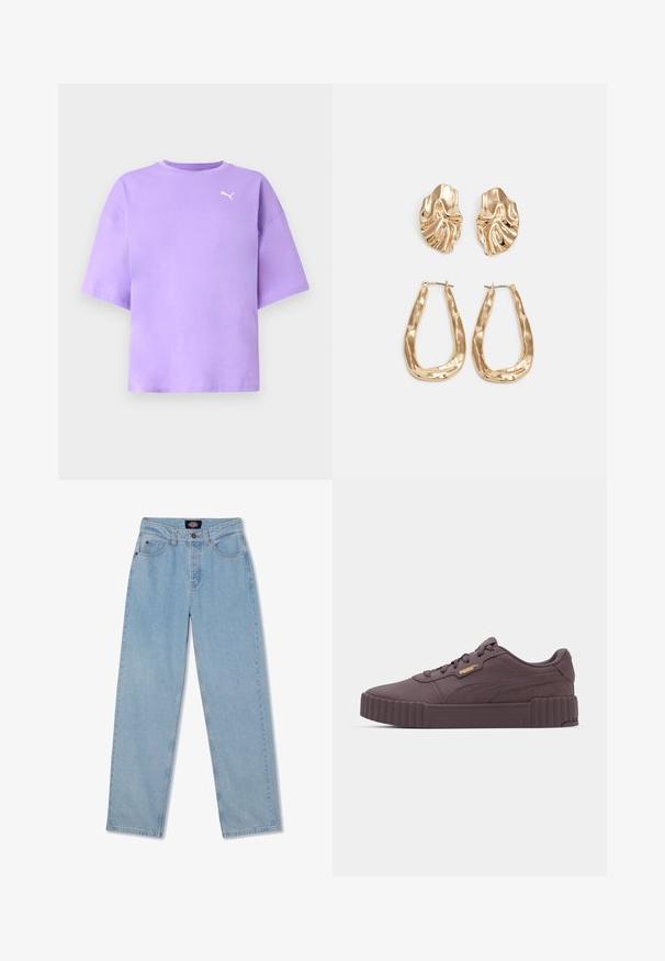 Lila, nagy méretű, pamut póló, kerek nyakkivágással. Rövid ujjakkal rendelkezik, és a bal mellrészen található egy fehér Puma logó. Sima tapintású.; Világoskék farmernadrág egyenes szabással, öt zsebbel, gombos záródással és diszkrét koptatással az elején.; Lila velúr sneaker vastag gumi talppal, lapos fűzőkkel és arany logó kiegészítővel. Simasága mellett texturált talp mintázattal rendelkezik.; Aranyszínű fülbevalók, texturált, hullámos formákkal. Tartalmazza a szobrászati klipszes studokat és az open hoop kialakítást, kalapácsos felülettel.
