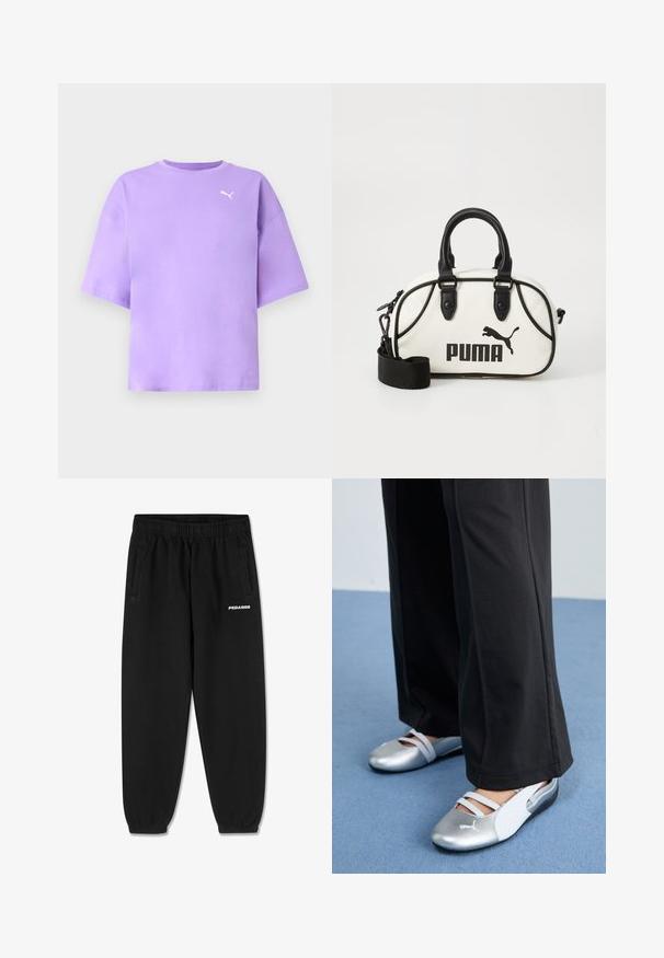 Paarse oversized t-shirt van katoen met een ronde hals. Heeft korte mouwen en een witte Puma-logo op de linkerborst. Glad textuur.; Zwarte sweatpants van zacht materiaal, met een verstelbare tailleband, taps toelopende benen en zijzakken. "PEGADOR" logo in het wit op de voorkant.; Zilveren en witte platte schoenen met kruislingse banden en textuurdetails, aangevuld met losse zwarte broeken. Geplaatst tegen een blauwe vloer.; Witte handtas met zwarte accenten, met een Puma-logo. Korte, ronde handvatten en een afneembare schouderband, gemaakt van textuursynthetisch materiaal.