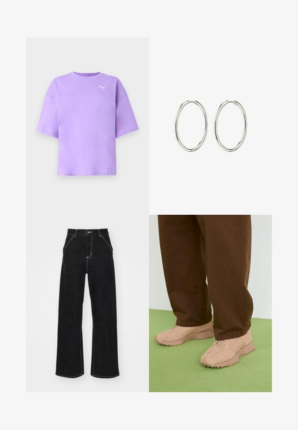 Purpurinė per didelė medvilninė t-shirt su apvalia apykakle. Turi trumpas rankoves ir baltą Puma logotipą kairėje krūtinės pusėje. Lygus paviršius.; Juodi platūs džinsai, pagaminti iš džinsinio audinio, su kontrastingomis baltomis siūlėmis ir priekiniais mygtukais, turintys du kampinius priekinio kišenes.; Šviesiai rožiniai sportbačiai su tekstūruotu zomšiniu ir tinkliniu viršumi, apvaliu priekiniu skyriumi, raištelių uždarymu ir tvirtu guminiu padu. Dėvimi su rudais plačiais kelnais.; Sidabriniai auskarai-žiedai su lygiu, blizgiu paviršiumi. Apvali forma, lengvas dizainas, turintis saugų užsegimo mechanizmą.