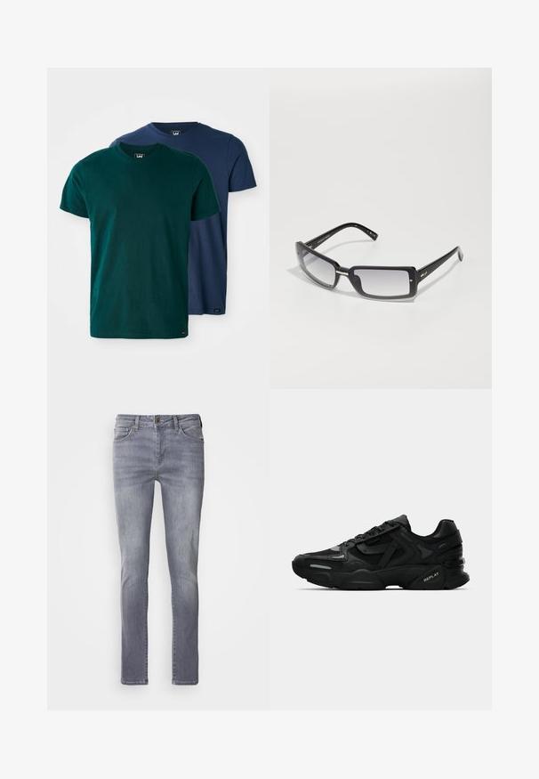 Dwie koszulki z krótkim rękawem w kolorze ciemnozielonym i granatowym. Wykonane z miękkiej bawełny, z klasycznym okrągłym dekoltem i luźnym krojem.; Jasnoszare dżinsy o prostym kroju, z pięcioma kieszeniami, z mosiężnym zapięciem i delikatnym wyblaknięciem na nogawkach.; Czarne sportowe sneakersy z teksturowaną cholewką, odblaskowymi akcentami i amortyzującymi podeszwami. Posiadają sznurówki i logo marki z boku.; Czarne prostokątne okulary przeciwsłoneczne z gradientowym szkłem, z grubą oprawką i metalowymi detalami na zausznikach. Gładka tekstura na całej powierzchni.