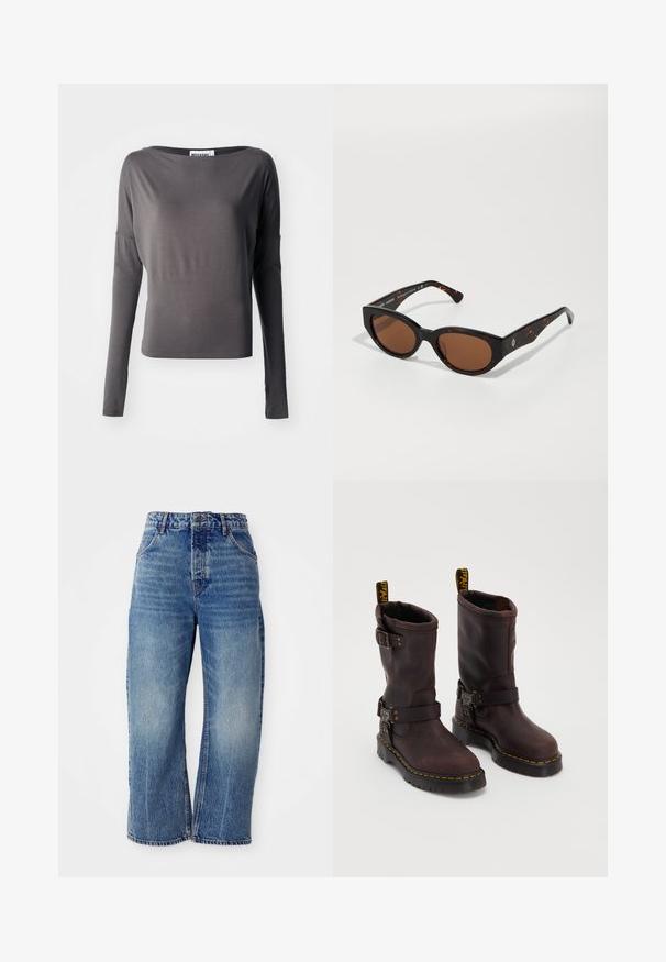 Długosleeve top w ciemnoszarym kolorze, wykonany z miękkiego materiału. Posiada szeroki dekolt i dopasowaną sylwetkę. Akcenty obejmują wycięcia na rękawach.; Free People - Jeansy Relaxed Fit; Brązowe skórzane botki o długości do połowy łydki, z paskiem i klamrą, grubą czarną podeszwą oraz żółtymi przeszyciami.; Czarne okulary przeciwsłoneczne w tortoishell z brązowymi soczewkami, kanciasty design i szerokie oprawki z subtelnym logo. Gładka tekstura plastiku.; Brązowa zamszowa torba na ramię o miękkim, luźnym kształcie i pojedynczym długim pasku, z subtelną, gładką fakturą i bez widocznych elementów metalowych.