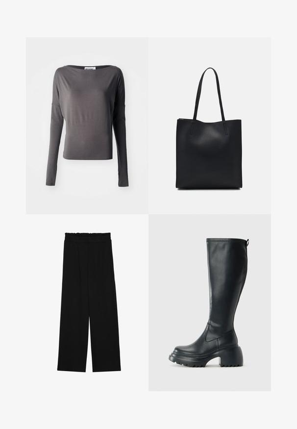 Maglietta a maniche lunghe di colore grigio scuro, realizzata in un tessuto morbido. Presenta un collo ampio e una silhouette aderente. I dettagli includono ritagli alle maniche.; Pantaloni neri a gamba larga con cintura arricciata, dotati di due tasche laterali e un tessuto liscio e leggero. Nessun motivo visibile o parti metalliche.; Stivale lungo in pelle nera con suola piatta robusta e tacco a blocco, dotato di linguetta e battistrada testurizzato sulla suola.; Borsa tote in pelle nera con texture liscia, forma rettangolare e due manici lunghi. Nessun hardware o decorazione visibile.