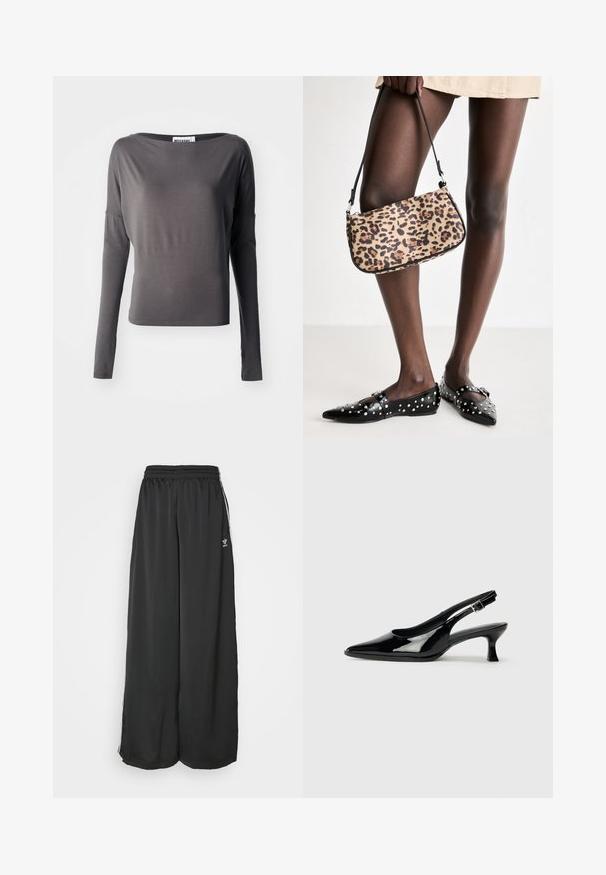 Tumehallid pika varrukaga topp, valmistatud pehmest kangast. Omab avarat kaelust ja figureerivat lõiget. Aksessuaarideks on lõikeavad varrukatel.; Mustad, vabalt langevad spordipüksid, mis on valmistatud siledast kangast. Omab elastset vöökoht ja külgedel triibusid koos logo aktsentidega.; Mustad õhukesed kingad mustast lakknahast, terava varbaga ja madala plokknõelaga. Reguleeritav pandla rihm ankle.; Leopardi mustriga käekott musta rihmaga, millel on ristkülikuline kuju ja sile pind. Kott on hoitud mustade narmastega lamellide kõrvale.