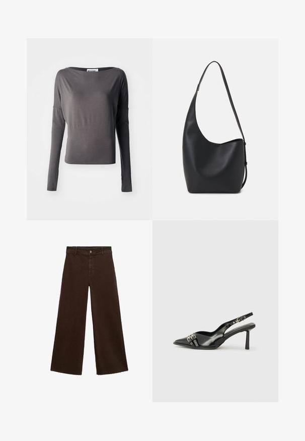 Dlhý rukáv top v tmavo sivej farbe, vyrobený z mäkkej tkaniny. Má široký výstrih a priliehavý strih. Ozdoby zahŕňajú vykrojené detaily na rukávoch.; Hnedé široké nohavice z bavlnenej zmesi, s roztrhnutým lemom, predným zapínaním na gombík a klasickým dizajnom s piatimi vreckami. Minimalistické a všestranné.; Čierne lakované kožené slingback topánky s špicatou špičkou, remienkami okolo členku s striebornými prackami a hardvérom, a štíhlým podpätkom.; Čierna kožená hobo taška so hladkou textúrou, zakriveným tvarom a jedným nastaviteľným popruhom; má široké otvorenie na vrchu.