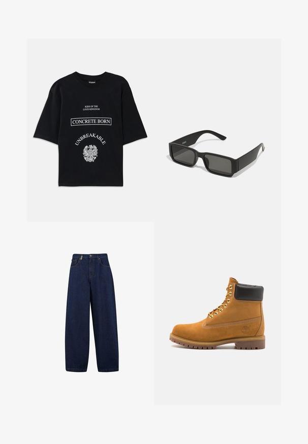 Melnas, pārāk lielas T-kreklu ar baltu tekstu "Klaigojošā Karalistes Bērni," "Betona Dzimis," "Neiznīcināms," un detalizētu ērgļa grafiku zem tā.; Brīvi pieguļoši tumši zili džinsu bikses ar augstu jostasvietu, priekšējām kabatām un taisnas kāju dizainu. Ietver sudraba tonis aksesuārus un minimālu šuvju izmantošanu.; Brūna zamša potīte ar melnu izšuvumu ap kaklu, zelta metāla acu caurumi, balta šuvju apdare un izturīgs gumijas zole ar izteiktu zīmējumu.; Melnas saulesbrilles ar taisnstūra lēcām, matēta plastmasas rāmja un taisnām malām. Uz iekšējās rokas ir zīmola logo.