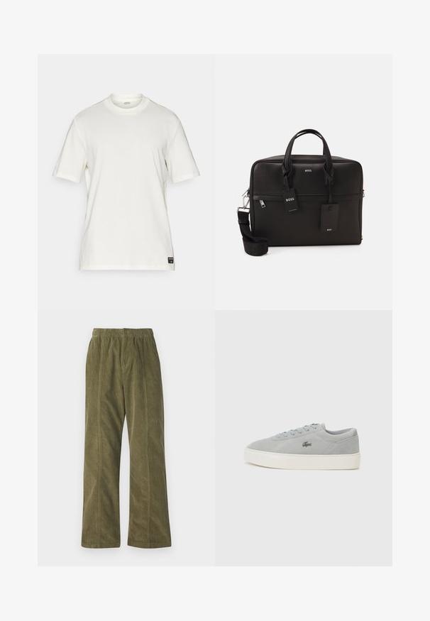 Hvid bomulds t-shirt med korte ærmer, rund halsudskæring, minimalistisk design og et lille logo mærke nederst til venstre.; Oliven grønne corduroy bukser med bred bendesign, elastisk talje og synlige stikninger langs siderne.; Lacoste COURT - Sneakers - grey/off white; Sort laptop-taske med en struktureret overflade, dobbelte håndtag, aftagelig rem og metalhardware. Har to mærker og et struktureret design.