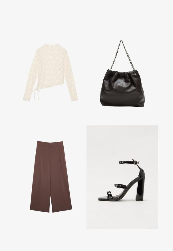 Cremefarvet langærmet top med blomstret blonde mønster, høj hals og sidebånd til justerbar pasform. Blød tekstur og letvægtsstof.; Brune bredbunde bukser med en glat tekstur, der har høj talje og plisseringer foran. Stoffet er let og falder løst.; Sorte patenterede hælsandaler med firkantet tå, ankelremme og sølvspænder. Har en chunky blokHæl for stabilitet.; Brun lædertaske med en rynket top og en kædestrop. Glat tekstur med en blank finish og subtile sømdetaljer på siderne.
