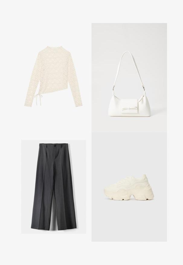 Cream long-sleeve top, featuring a floral lace pattern, high neck, and a side tie detail for adjustable fit. Soft texture and lightweight fabric.; Wide-leg trousers in dark grey fabric, featuring a button closure, front pleats, and belt loops. Smooth texture with a tailored design.; Chunky white sneakers made of textured mesh and synthetic materials, featuring a thick sole and intricate pattern details along the sides.; White synthetic handbag with a triangular shape, flat front flap and bow detail, adjustable strap, smooth texture, and minimalistic design.