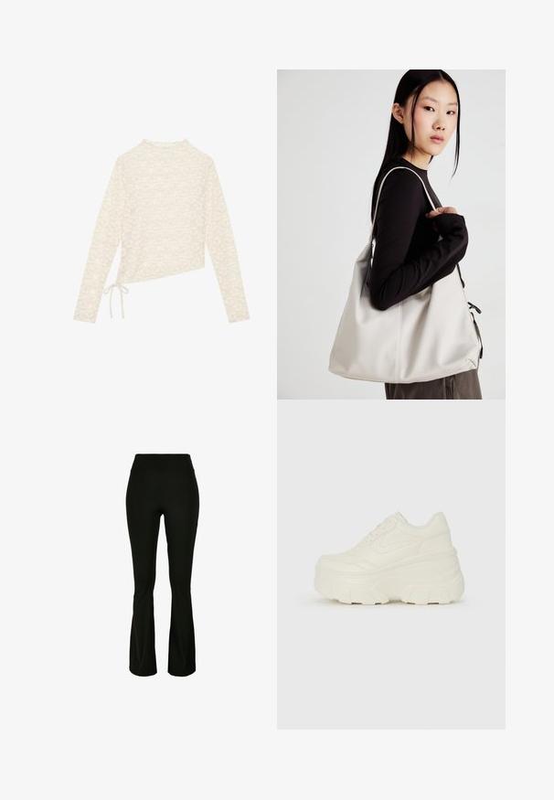Crème lange mouwen top, met een bloemig kantpatroon, hoge hals en een zijstrikdetail voor een verstelbare pasvorm. Zachte textuur en lichtgewicht stof.; Zwarte uitlopende broeken van rekbaar materiaal, met een hoge tailleband en een gladde textuur. Geen zichtbare hardware of patronen.; Witte platform sneakers met een gladde leren bovenkant, afgeronde vorm, gewatteerde kraag en een gestructureerde rubberen zool met duidelijke profiel.; Beige handtas gemaakt van zacht materiaal, met een slonzig ontwerp, gestikte details en twee schouderbanden. Geschikt voor dagelijks gebruik.