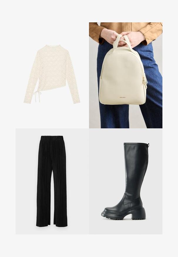 Kremveida garām piedurknēm augšdaļa, ar ziedu mežģīņu rakstu, augstu kakla izgriezumu un sānu saišu detaļu, kas nodrošina regulējamu fit. Mīksta tekstūra un viegls audums.; Melni plīšu bikses ar elastīgu jostu. Tām ir platākas kājas un gluda, teksturēta auduma ar vertikālām svītrām.; Augstas melnas ādas zābakus ar masīvu platformu un bloka papēdi, ar vilkšanas cilpu un strukturētu profilu uz ārējā zoles.; Krēms krāsas mākslīgās ādas mugursoma ar noapaļotu formu, diviem augšējiem rokturiem un rāvējslēdzēja aizdari. Iekļauj diskretu logotipu un dekoratīvu rāvējslēdzēja vilkni.