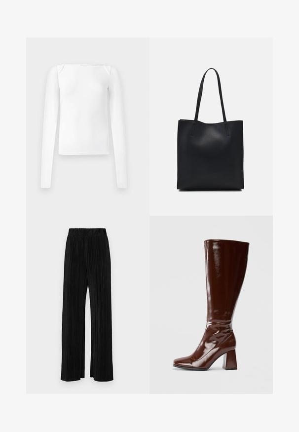 White long-sleeve top with a square neckline, made of smooth fabric, featuring a fitted design and seamless shoulder accents.; Black pleated trousers with an elastic waistband. Features wide legs and a smooth, textured fabric with vertical stripes.; Knee-high brown patent leather boots with a square toe, glossy finish, and a chunky heel for stability. Seamless design with no visible hardware.; Black leather tote bag with smooth texture, rectangular shape, and two long handles. No visible hardware or embellishments.