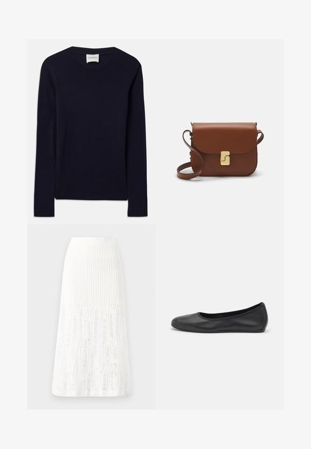Námornícky modré tričko s dlhým rukávom a okrúhlym výstrihom vyrobené z mäkkého bavlneného materiálu. Obsahuje rebrovaný výstrih a rovný lem bez viditeľných vzorov alebo akcentov.; Pletená biela midi sukňa s textúrovaným vzorom s vertikálnymi pruhmi a výrezmi v blízkosti dolného okraja. Elastický pás. Mäkkučký materiál.; Čierne kožené baleríny s okrúhlou špičkou, hladkým povrchom, minimálnym prešívaním a flexibilným dizajnom podrážky.; Hnedá kožená kabelka s klopou, zlatými kovovými prvkami, ramenným popruhom a hladkým povrchom. Kompaktný obdĺžnikový tvar.