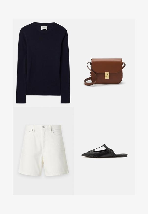 Tengerészeti, hosszú ujjú kerek nyakú póló puha pamutból. Bordás nyakkivágásával és egyenesen leérő szegélyével rendelkezik, látható minták vagy díszítések nélkül.; Fehér farmer sort egyenes szabással, öt zsebbel, elülső gombos záródással, ezüst színű fémrészletekkel és varrt díszítéssel.; Fekete bőr slingback cipő hegyes orral, szőtt díszítéssel és redőzött felső dizájnnal. Lapos talp minimális hardverrel.; Barna bőr kézitáska, hajtókás zárással, arany színű fém kiegészítőkkel, vállpánttal és sima felülettel. Kompakt téglalap alakú.