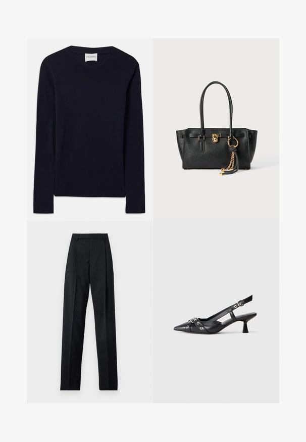 Tumedate pikkade varrukatega fluus, mis on valmistatud pehmest puuvillast. Omab ribaga kaelust ja sirget allääret, ilma silmapaistvate mustrite või aktsentideta.; Mustad püksid siledast kangast, millel on kõrge vöökoht, laiad jalad, esimesed kortsud ja klassikalised vööloopid. Küljepockets pole nähtavad.; Must must have must toote tõmblukuga, dekoratiivsed rihmad metallist silmadega ja madal blokk-kand. Tekstureeritud pind.; Must musta kott, millel on kahekordsed käepidemed, kuldne lukustus ja kett, ning must-valge tutikate aksessuaar valge tausta ees.