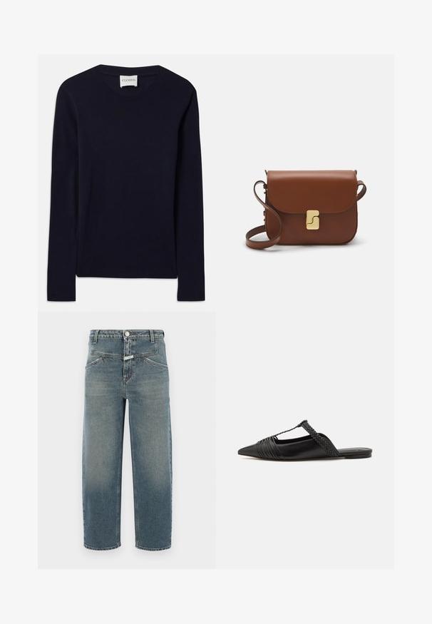 Tengerészeti, hosszú ujjú kerek nyakú póló puha pamutból. Bordás nyakkivágásával és egyenesen leérő szegélyével rendelkezik, látható minták vagy díszítések nélkül.; CLOSED STOVER X - Répafazonú farmer - mid blue; Fekete bőr slingback cipő hegyes orral, szőtt díszítéssel és redőzött felső dizájnnal. Lapos talp minimális hardverrel.; Barna bőr kézitáska, hajtókás zárással, arany színű fém kiegészítőkkel, vállpánttal és sima felülettel. Kompakt téglalap alakú.