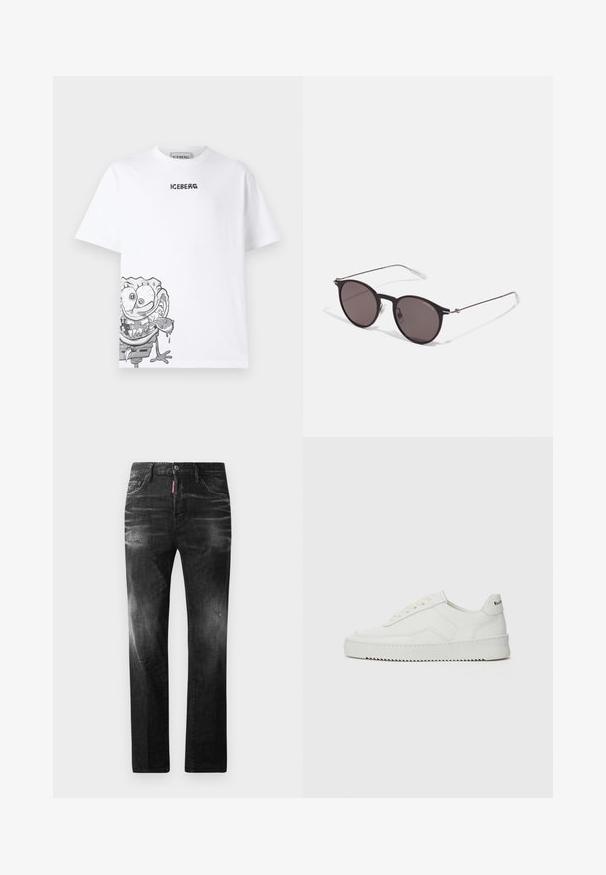 Vit bomulls T-shirt med en grå tecknad karaktärs grafik på nederkanten till vänster, med "ICEBERG" logotyp tryckt i svart ovanför.; Svarta denimjeans med rak passform. Har blekta områden, mindre slitningar, klassisk femficksdesign och knäppning med knapp.; Vita lädersneakers med en jämn yta, rund tå, platta snörningar och en strukturerad sula. Har en diskret logotyp på hälen.; Svarta runda solglasögon med mörka linser och smala metallarmar. Inkluderar klara tempeltips och silverdetaljer vid gångjärnet. Minimalistisk design.