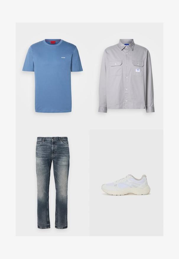 Šviesiai mėlynas medvilninis marškinėliai su klasikiniais apvaliais kaklais, trumpomis rankovėmis ir mažuoju baltu "HUGO" logotipu kairėje pusėje.; Pilkas medvilninis marškinėlis ilgomis rankovėmis, turintis apykaklę su mygtukais, dvi krūtinės kišenes ir mažą prekinį ženklelį kairiajame kišenėje.; Mėlynos džinsinės kelnės su tiesiu kirpimu. Šviesiai išblukusios vietos, klasikinis penkių kišenių dizainas ir vienas metalinis užsegimas juosmenyje.; Balti sportiniai bateliai, pagaminti iš tinklinės medžiagos ir zomšos, su tekstūruotu viduriu, tekstūruotais akcentais ir „HUGO“ logotipu šone.