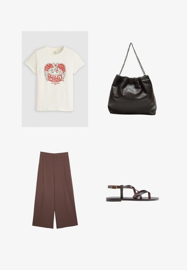 Levi's® THE PERFECT TEE - T-shirts print - eagle sugar swizzle; Brune bredbunde bukser med en glat tekstur, der har høj talje og plisseringer foran. Stoffet er let og falder løst.; Brune lædersandal med krydsende stropper, ankelspænde og en flad sål med minimale syninger.; Brun lædertaske med en rynket top og en kædestrop. Glat tekstur med en blank finish og subtile sømdetaljer på siderne.