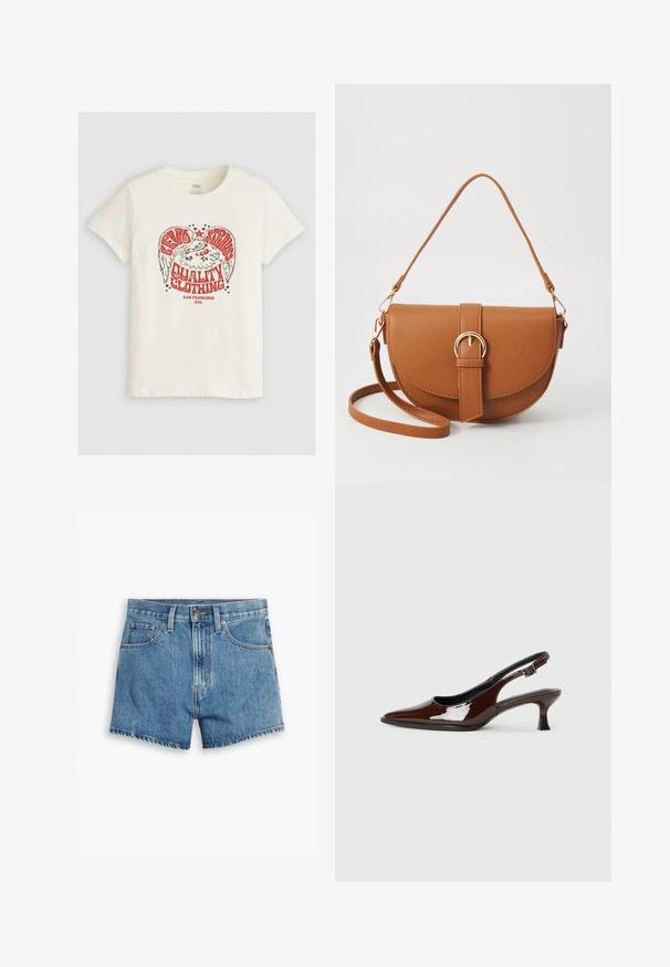 Levi's® THE PERFECT TEE - Triko s potiskem - eagle sugar swizzle; Džínové šortky v světle modré barvě, s pěti kapsami, zipovým zapínáním a knoflíkovým uzávěrem. Lem je roztrhaný s uvolněným střihem.; Hnědé lakované kožené slingback boty s špičatou špičkou a mírným podpatkem. Disponují přezkou pro bezpečné upevnění. Hladký povrch.; Hnědá kožená křížová taška s zakřiveným tvarem, zlatými detaily a akcentem s přezkou. Obsahuje odnímatelný popruh na rameno.