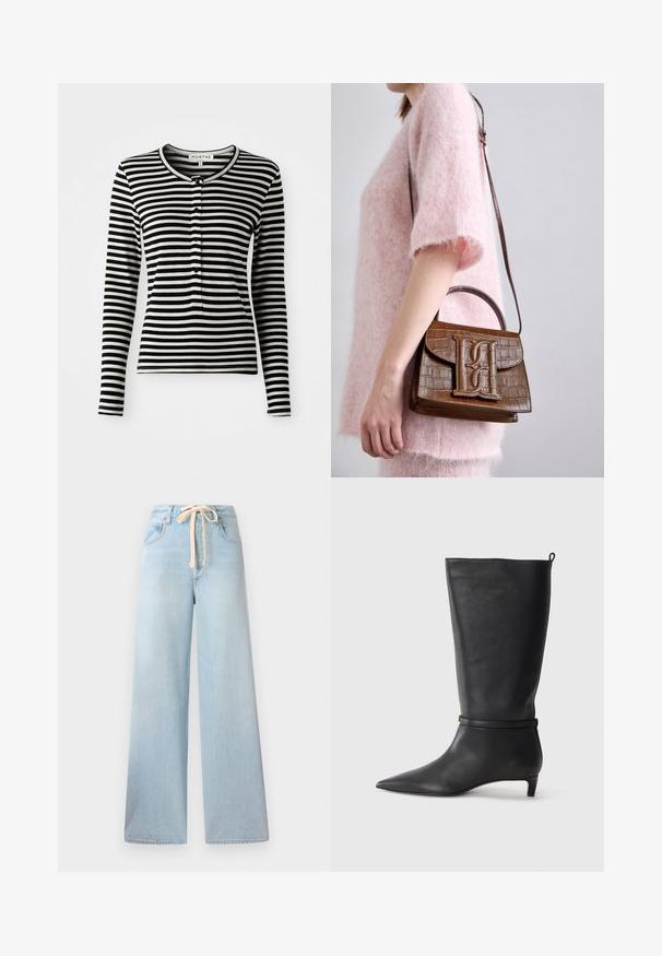 Mustvalge triibuline pika varrukaga särk ümmarguse kaeluse ja nupuvääristusega, millel on kitsas lõige. Pehme kangastekstuuri.; Heledad helesinised teksad, mis on valmistatud denimist, joontega ning kohustusliku viie tasku kujundusega, minimaalse kulumisega.; Must musta põlvik, terava ninaga, millel on ümber pahkluu ümar rihm ja madal, kergelt kitsenev konts. Sile tekstuur.; Pruun krokodillimustriga käekott koos ülemise käepideme ja õlavöödiga. Esiküljel on väljapaistev logo. Pehme tekstuur.