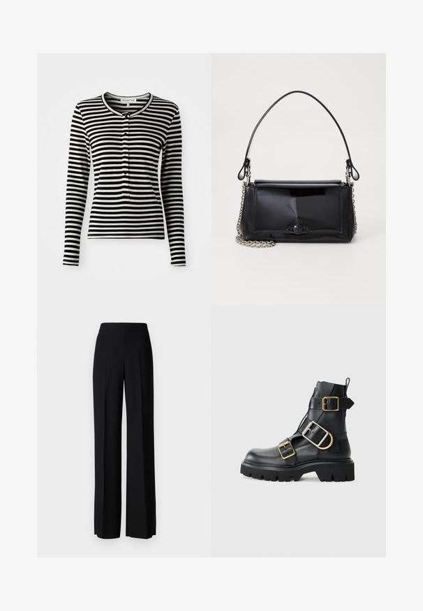 Fekete-fehér csíkos, hosszú ujjú póló kerek nyakkivágással, gombos pánttal és slim-fit kialakítással. Puha anyagtextúra.; Fekete, széles szárú nadrág sima tapintással, magas derékkal és középen pliszével. Nincsenek látható minták vagy fém részletek.; Fekete bőr bokacsizma vastag talppal, több pánttal és arany színű kiegészítőkkel. Simára csiszolt felület, robosztus dizájn.; Fekete lakkbőr kézitáska téglalap alakú, láncos vállpánttal és középen egy jellegzetes fém díszítéssel. Simaszerkezet.