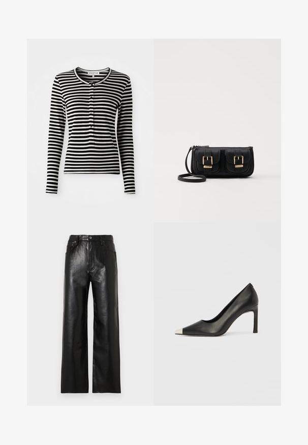 Juodai baltais dryžuotas ilgomis rankovėmis marškinėliai su apvaliu kaklu, su mygtukų juostele ir lieknu siluetu. Minkštas audinio tekstūra.; Juodos odinės kelnės plačiomis kojomis su blizgiu paviršiumi, priekyje kišenės, užtrauktukas ir sagutė užsegimui. Visas paviršius sklandus.; Juodas odinis aukštakulnis batelis su smailia nosimi ir metaliniu sidabriniu galiuku. Turi lygų paviršių ir ploną 10 cm kulną.; Juodas odinis per petį nešiojamas krepšys su dviem priekiniais kišenėmis, auksiniais sagtimis, užtrauktuko uždarymu ir siauromis petnešomis. Textūruota paviršius ir kompaktiškas stačiakampis formatas.