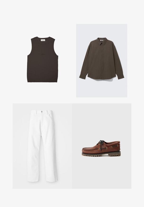 Top senza maniche marrone scuro in tessuto a coste, con scollatura rotonda e un sottile ricamo del marchio dello stesso colore sulla parte anteriore.; Camicia a maniche lunghe a quadri marroni con colletto button-down, caratterizzata da una vestibilità rilassata e un orlo leggermente curvo. Il tessuto è texturizzato.; Pantaloni in denim bianco con design a gamba dritta, dotati di chiusura frontale con bottone e cerniera, cinque tasche e una finitura pulita e strutturata.; Scarpa da barca in pelle marrone con tomaia testurizzata, chiusura con lacci neri e occhielli dorati. Presenta una suola in gomma rigata e resistente.