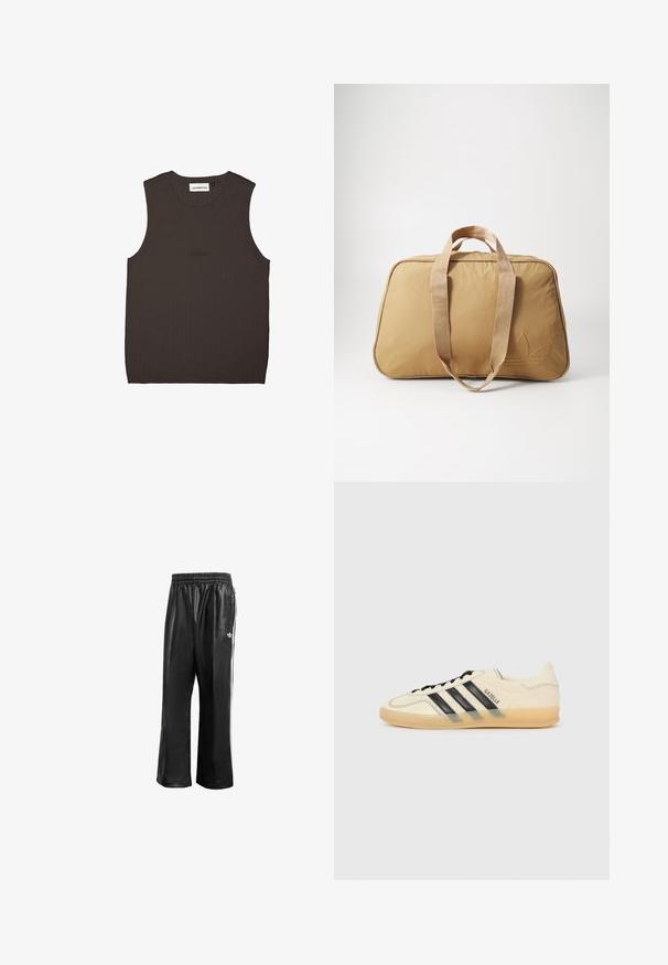 Tumši brūns bez piedurknēm tops ribētu audumu, ar apaļu dekoltē un diskrētu zīmola izšuvumu saskaņotā krāsā priekšpusē.; Melnas sintētiskas sporta bikses ar elastīgu jostasvietu, ar baltām sānu svītrām un mazu baltu logo kreisajā gurnā.; Gaiši krēms sporta apavi ar melnu trīs svītru dizainu, teksturētu augšējo daļu, noapaļotu purngaliem un gumijas zoli. Iespējas ietver auklas un zīmolu sānos.; Kara ceļojuma soma ar divām auduma rokturēm, gluda tekstūra, ar rāvējslēdzēju, ovāla forma un niecīga izspieduma logo vienā pusē.