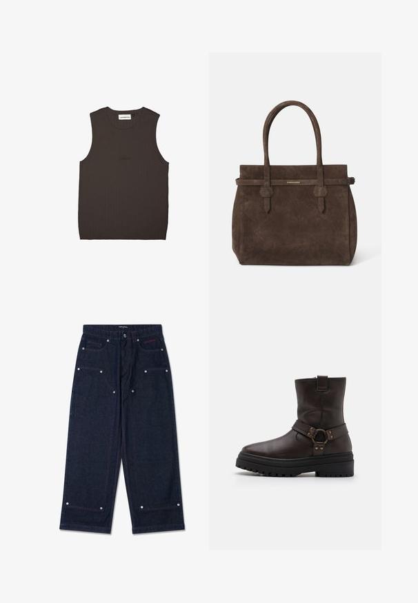 Tummanruskea ilmanhiha toppi ribbikankaasta, jossa on pyöreä pääntie ja hillitty brändiompelu samassa värissä edessä.; Tumman farkkukankaan leveälahkeiset housut, joissa on kaksi etutaskua, hopeiset yksityiskohdat ja kontrastiväriset punaiset ompeleet. Housuissa on nappikiinnitys ja brändin logo.; Ruske nahke čevlje do gležnjev s kvadratnim nosom, zaponkami in debelim črnim podplatom. Imajo stransko zadrgo in teksturirano površino.; Tummanruskea samettinen olkalaukku, jossa on kaksinkertaiset kahvat ja vaakasuuntainen hihna, jossa on pieni kultainen DSQUARED2-logo-plaatti.